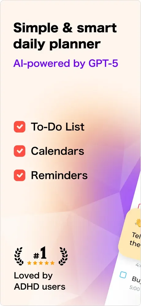 Day Flow AI daily planner app showing key features: To-Do List, Calendars, Reminders, rated #1 by ADHD users