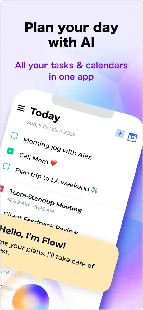 Day Flow task planner interface displaying today's to-do list and calendar events with AI assistant Flow