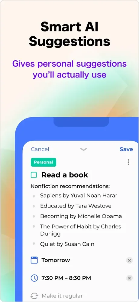 Day Flow smart AI suggestions panel with personalized task recommendations, scheduling, and book recommendations