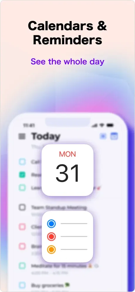 Day Flow calendar and reminders integration showing date view with color-coded reminder indicators for events