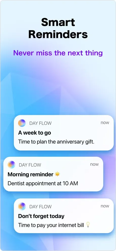 Day Flow smart reminders notification cards displaying upcoming tasks and deadline alerts to prevent missed items