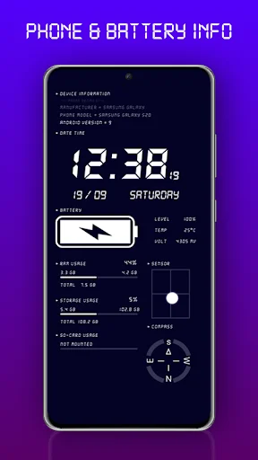 Digital Clock & Battery Charge app showing white-text theme with 12:38 time display, battery indicator, device info, and system metrics on dark interface with purple background