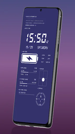 Digital Clock & Battery Charge app interface in tilted view displaying 15:50 time, battery level, device information, and personalized system data with white neon text
