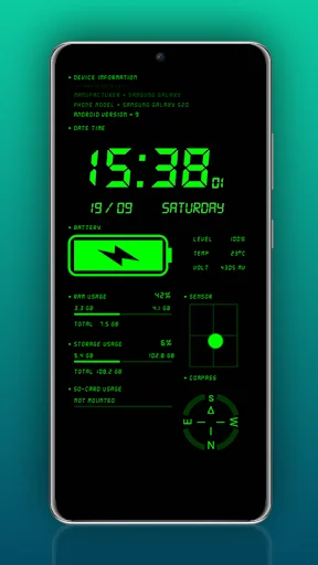 Digital Clock & Battery Charge app with bright green neon theme showing 15:38 time, battery charge status, device metrics, and customizable digital clock interface on turquoise background