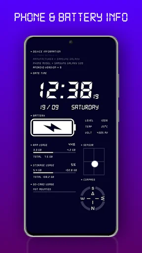 Digital Clock & Battery Charge personalization app showing white-text digital clock with 12:38 display, battery level widget, and comprehensive device information on dark background