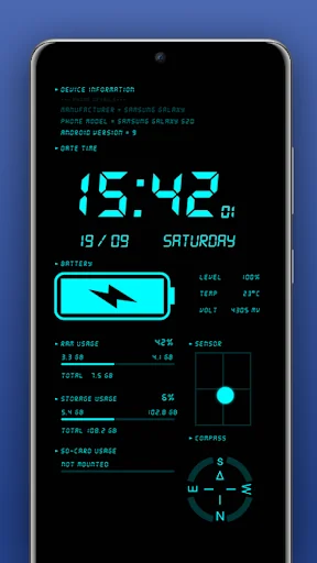 Digital Clock & Battery Charge app personalization theme featuring cyan neon text at 15:42, digital clock widget, battery status display, and device system metrics