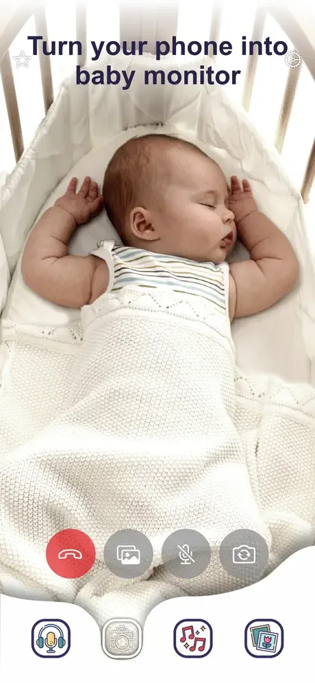 Phone baby monitor app screen displaying sleeping infant in crib with monitoring function buttons