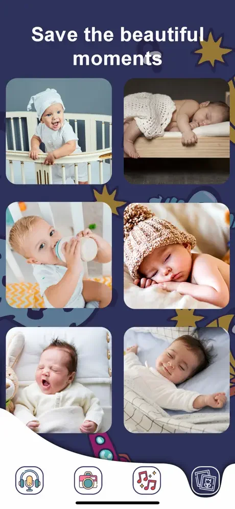 Baby monitor photo gallery displaying multiple saved moments in grid layout for memory storage