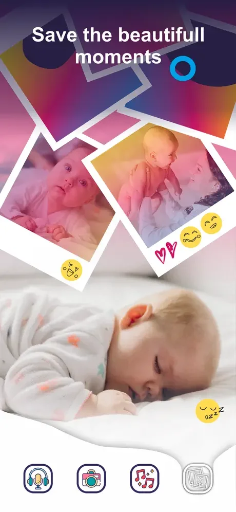 Baby monitor app photo gallery with saved memories displayed in collage format and emoji decorations
