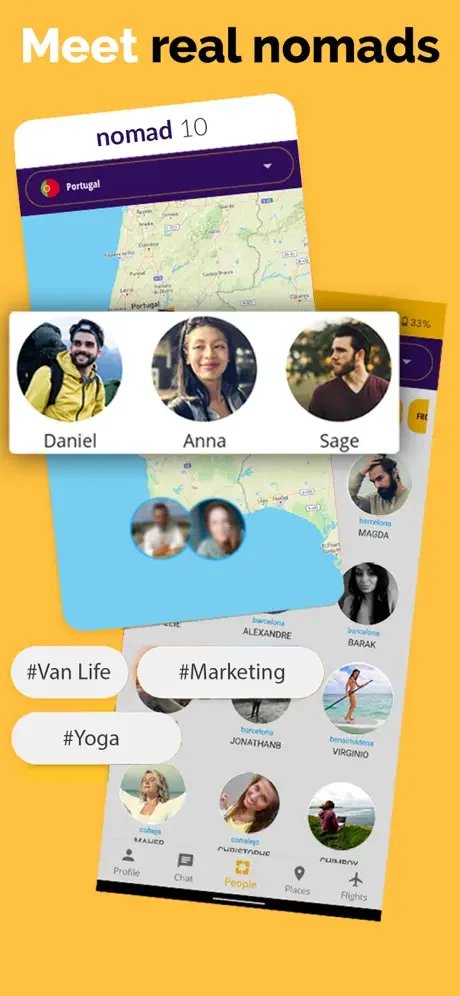 Nomad 10 discovery showing nomad profiles, travel interest tags, location map, and social network features for digital nomads