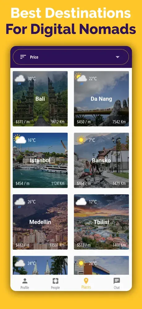 Nomad 10 destinations for digital nomads displaying cities like Bali, Da Nang, Istanbul with pricing and weather information