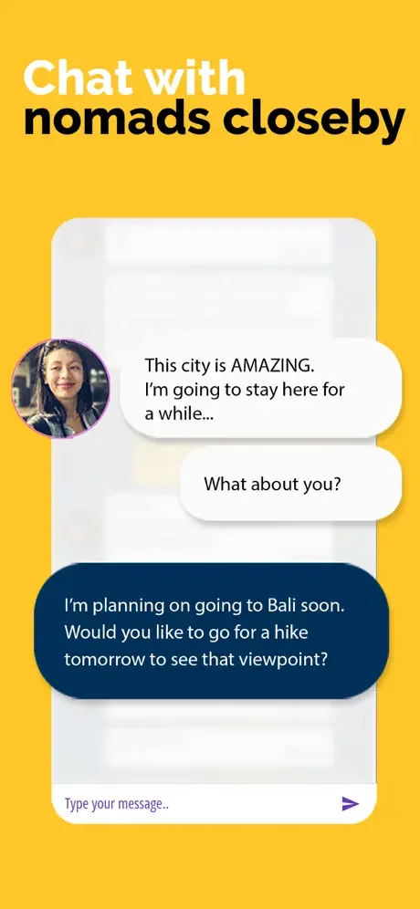 Nomad 10 chat screen showing conversation with nearby nomads about travel plans and activities in Bali and current cities