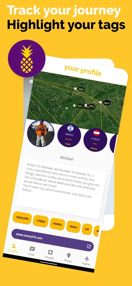 Nomad 10 profile page displaying journey map, travel date history, interest tags, and nomad travel tracking features