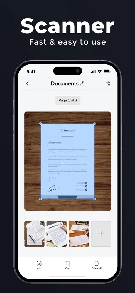 Document scanner app displaying page 1 of 3 with editable scanned business document and multi-page thumbnail previews