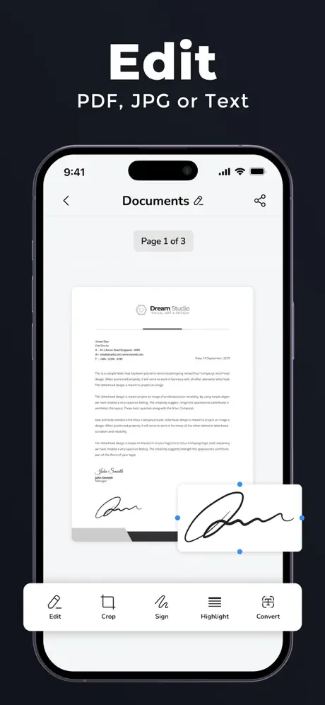 PDF editor showing document with signature annotations and toolbar featuring Edit, Crop, Sign, Highlight, and Convert tools