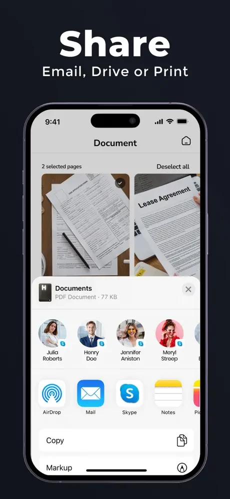 Document sharing interface displaying 2 selected pages with multiple sharing options including Mail, Skype, AirDrop, and Drive