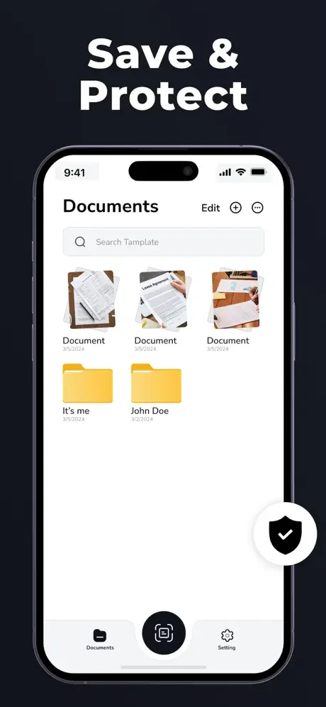 Documents management dashboard with saved document thumbnails, organized folders, search template feature, and security protection