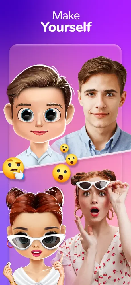 Dollicon app intro screen: Make Yourself - showcase of diverse cartoon doll avatars and character customization possibilities