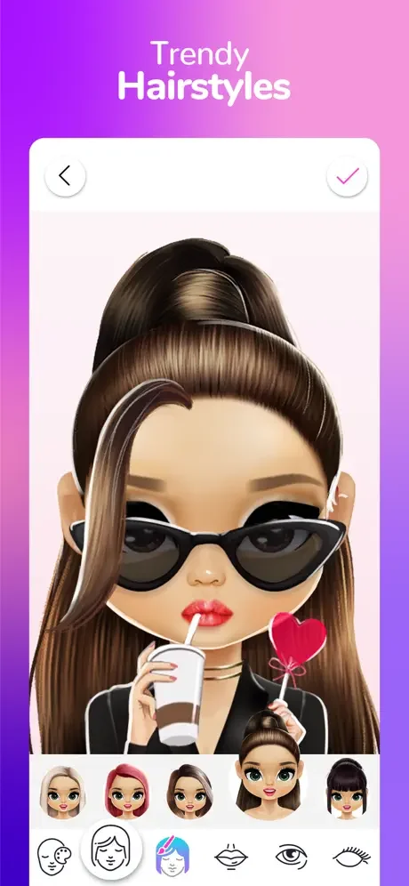 Trendy Hairstyles screen: Select from various stylish hairstyles to customize your cartoon doll avatar character
