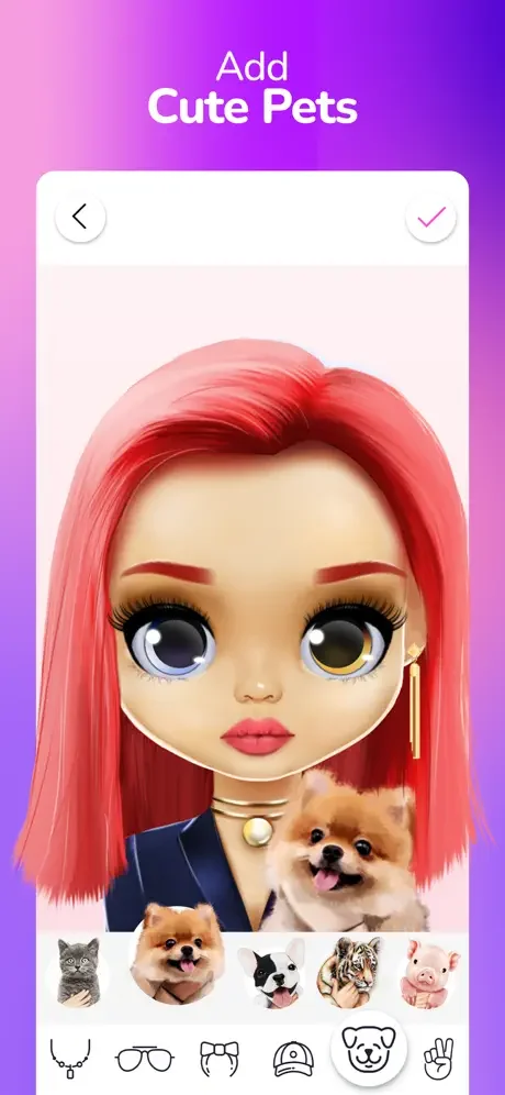 Add Cute Pets screen: Choose cute animals like dogs and cats to accessorize your personalized doll avatar creation
