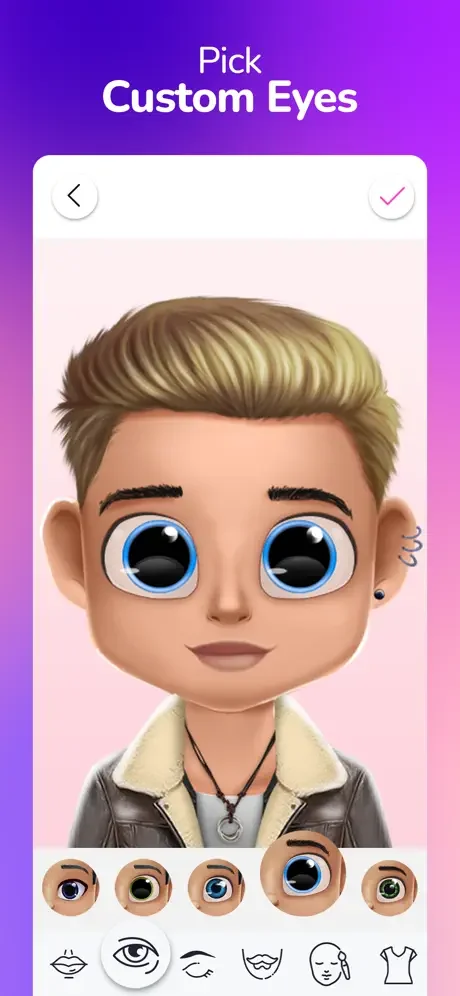 Pick Custom Eyes screen: Customize eye colors and styles for your doll avatar with multiple design options available