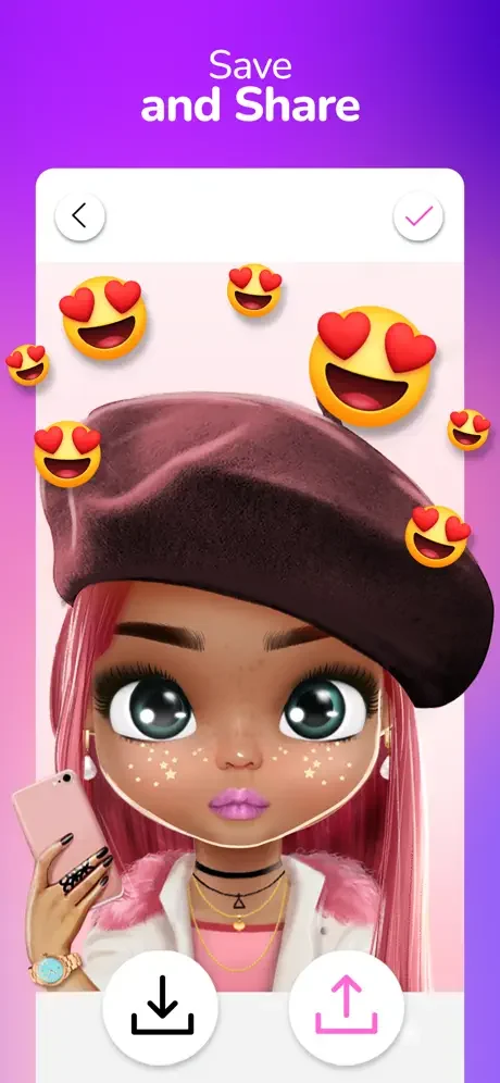 Save and Share screen: Completed doll avatar surrounded by love emojis, ready to download and share on social media