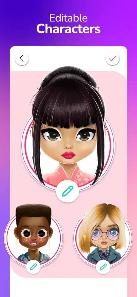 Editable Characters gallery: View and edit multiple created doll avatars with diverse styles and customization variations