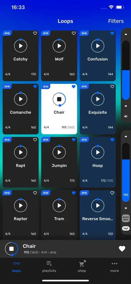 Drum loops library displaying dnb beats with play buttons, BPM, time signatures, and genre tags