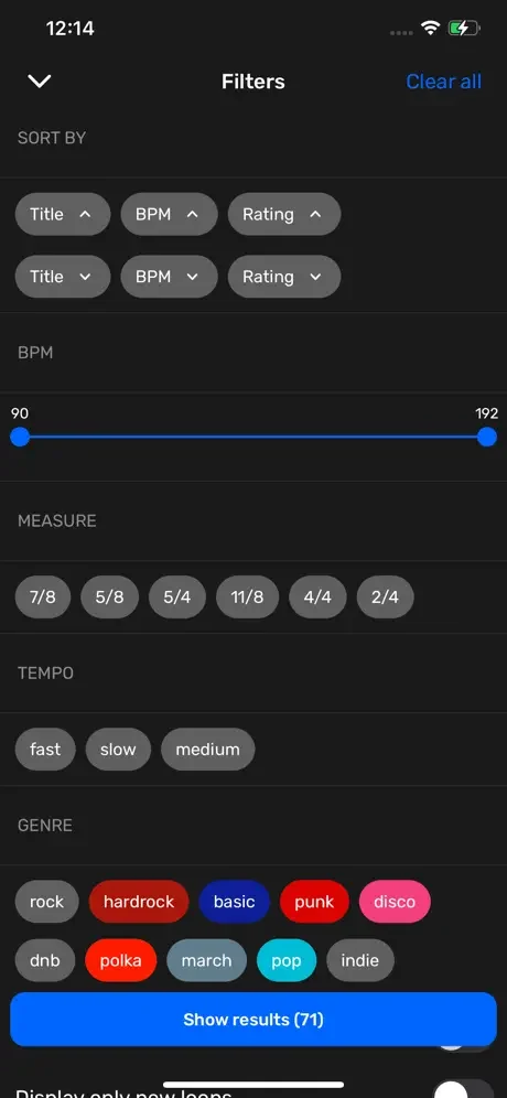 Filter and sort interface for drum loops by BPM range, tempo, measure, genre, and rating options