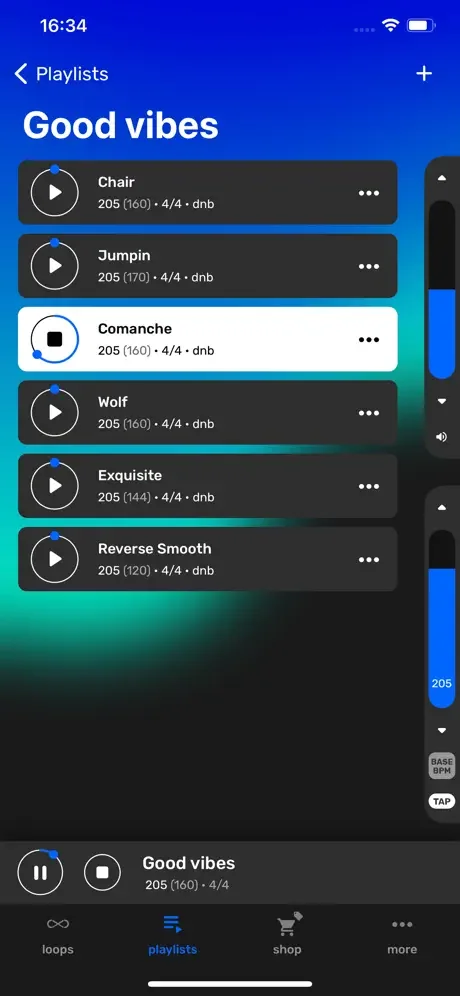 Playlist editor showing Good vibes drum loop collection with track names, BPM, and playback controls