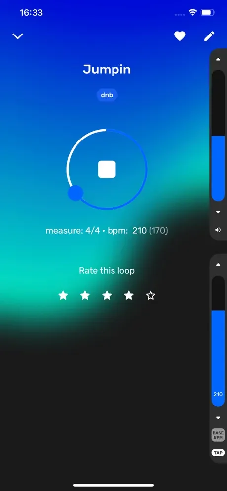 Detailed drum loop player for Jumpin beat with BPM display and star rating system