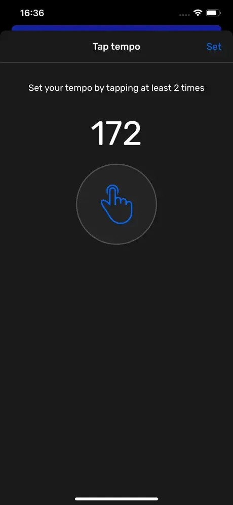 Tap tempo tool to set custom BPM by tapping; displays current tempo at 172 beats per minute