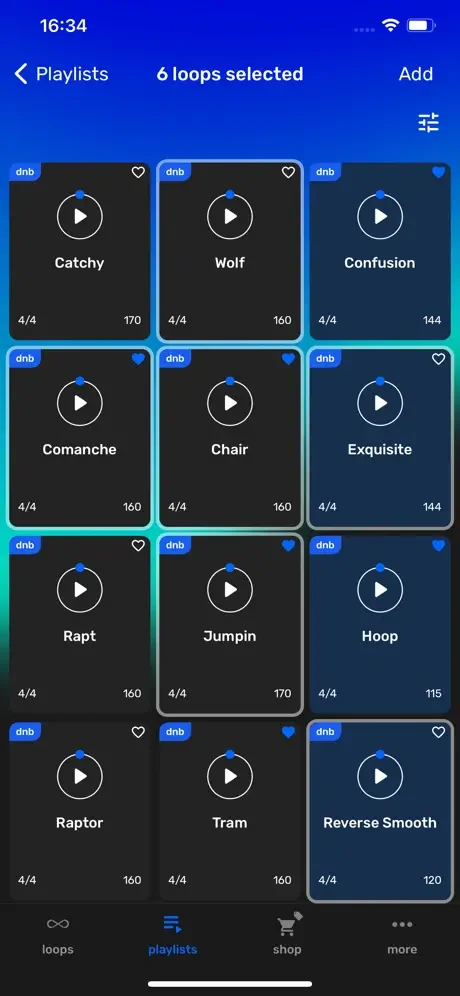 Multi-select loop picker showing 6 selected drum beats ready for playlist creation