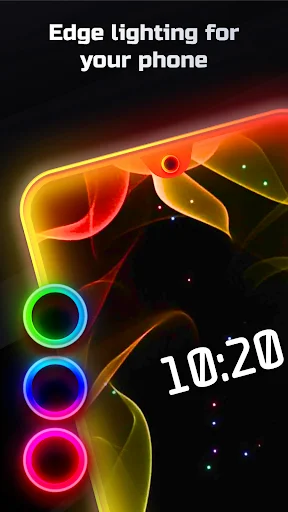 Colorful neon edge lighting borders in cyan, green, orange, and pink with glowing light effects and time display on phone