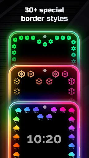 Thirty plus special border styles with decorative neon elements in green, orange, pink and cyan colors for edge lighting