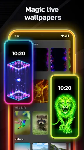 Magic live wallpaper gallery displaying themed designs with neon borders including geometric, nature, wildlife and sky themes