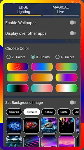 Edge lighting settings menu with color selection, wallpaper toggles, and background image library for border customization