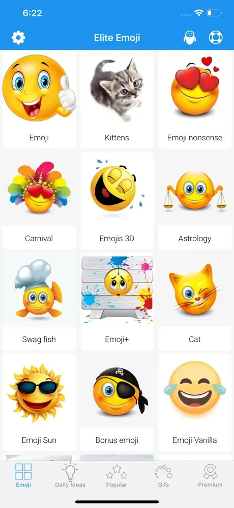 Emoji Elite home screen with emoji categories grid including Kittens, Carnival, 3D, Astrology, Swag fish, and Cat options