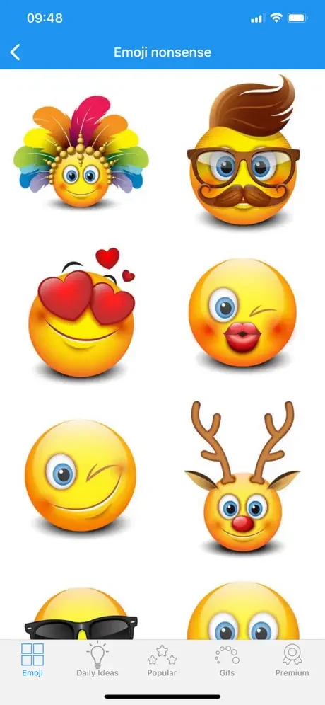 Emoji nonsense category showing expressive emoji variations with mustache, hearts, antlers, winking, and surprised expressions