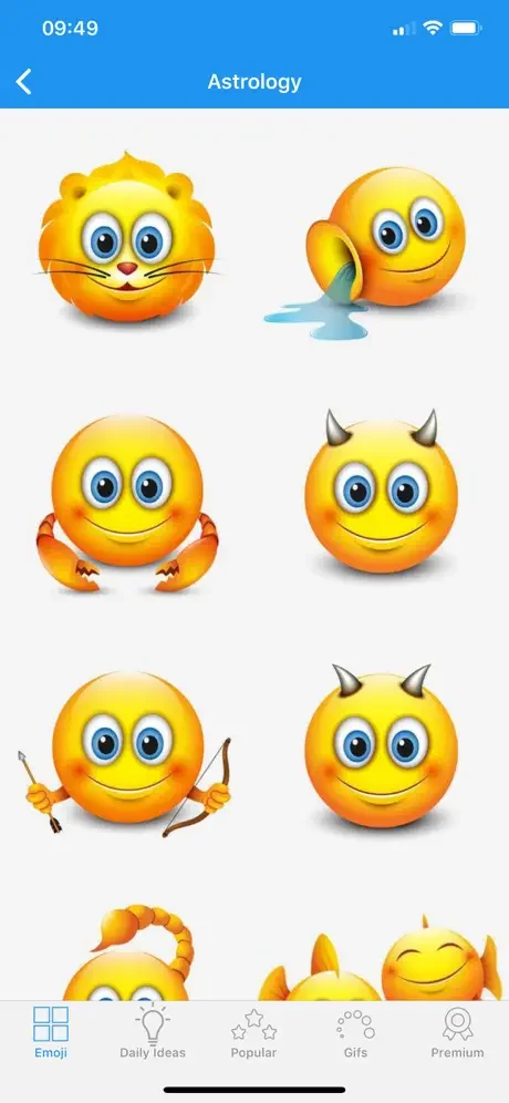 Astrology emoji category featuring zodiac emoji variations with Leo mane, Aquarius water, Taurus horns, and Gemini versions