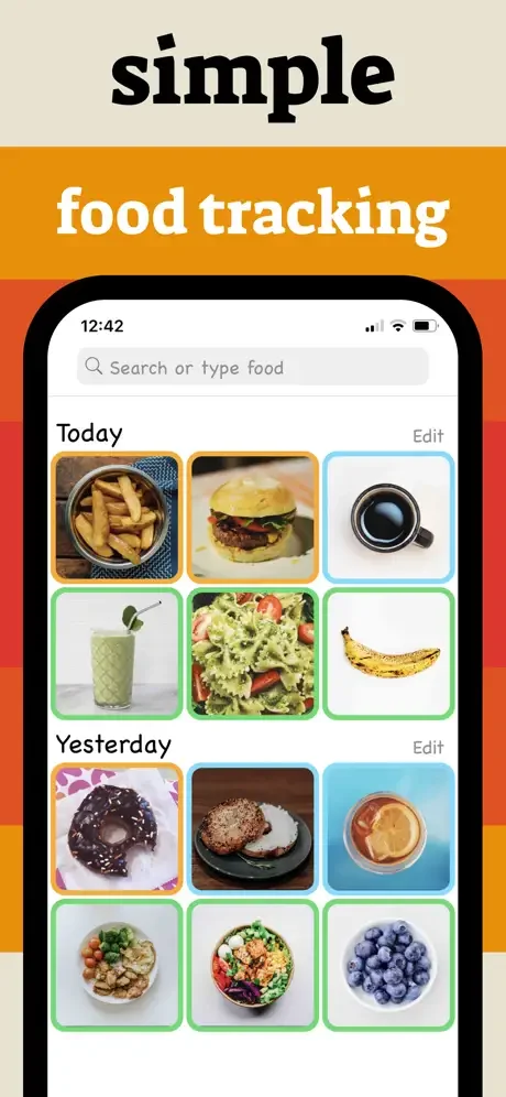 MyTummy food tracking interface showing daily food diary with photo grid and search functionality