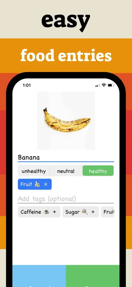 MyTummy food entry detail screen for banana with health rating options and customizable food tags
