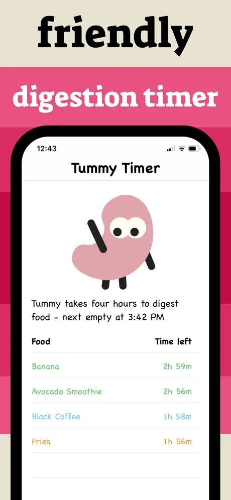 MyTummy Tummy Timer digestion tracker showing food processing times with cute stomach mascot