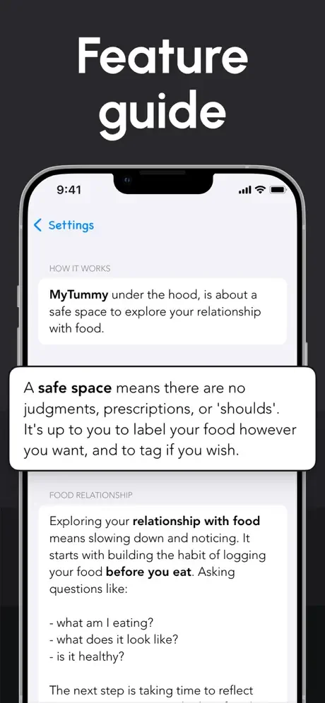 MyTummy Settings guide: Feature explanation about safe space for exploring food relationship through mindful eating