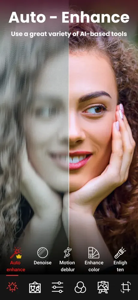 Auto-Enhance AI photo editing feature showing split comparison of enhanced portrait with multiple tool options below