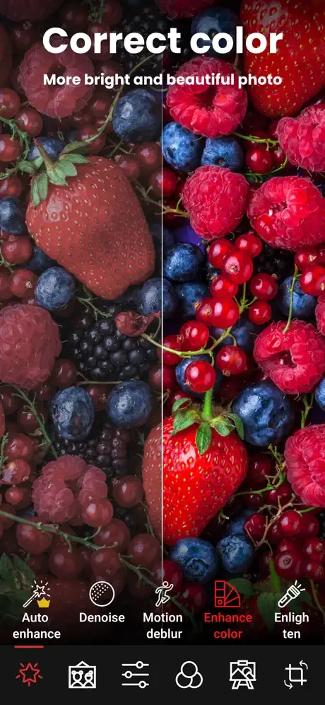 Color correction tool with split view showing muted berries becoming vibrant and bright after color enhancement
