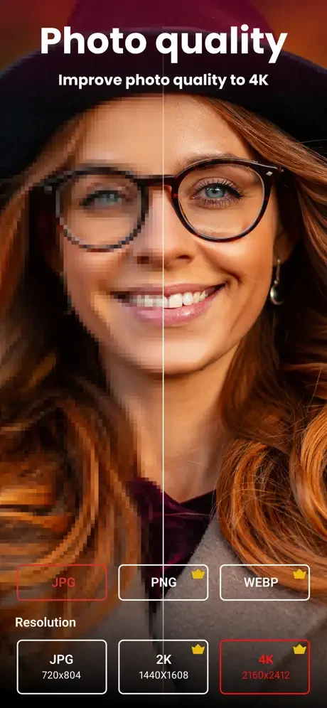 Photo quality enhancement to 4K with upscaling options, split view of enhanced portrait in JPG, PNG, and WEBP formats