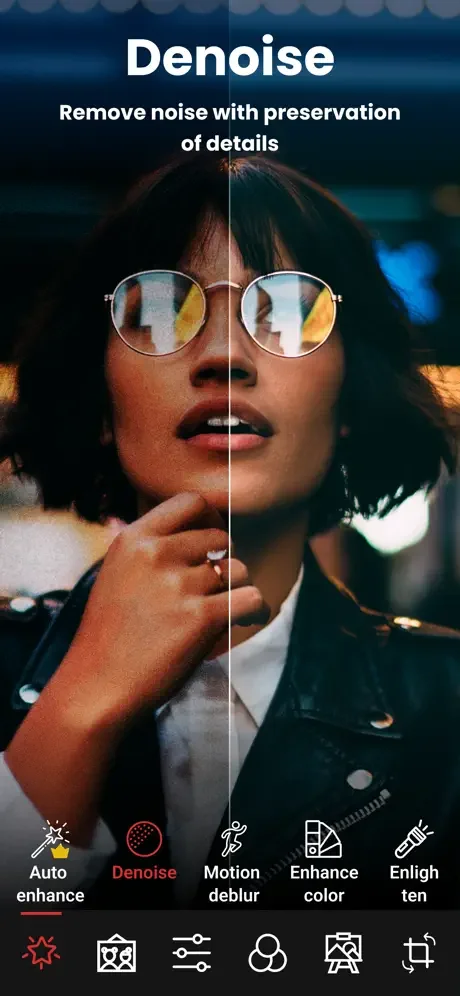 Denoise tool removes photo noise while preserving details, split view showing noisy photo becoming clean and clear