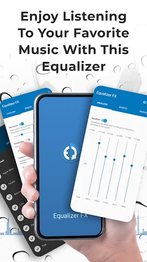 Equalizer FX mobile app interface showing full equalizer controls with bass boost and audio enhancement features