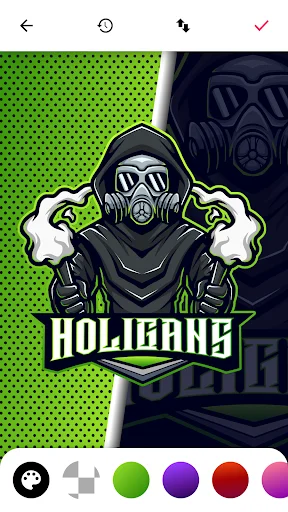 HOLIGANS esports logo featuring hooded gas mask mascot in green with color palette customization tools